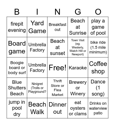 Beachhouse Bingo Card