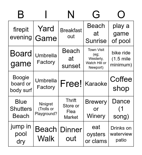Beachhouse Bingo Card