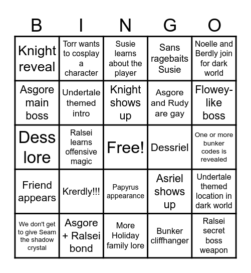 Deltarune chapter 5 predictions Bingo Card