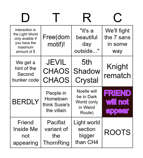Deltarune Chapter 5 Predictions Bingo Card