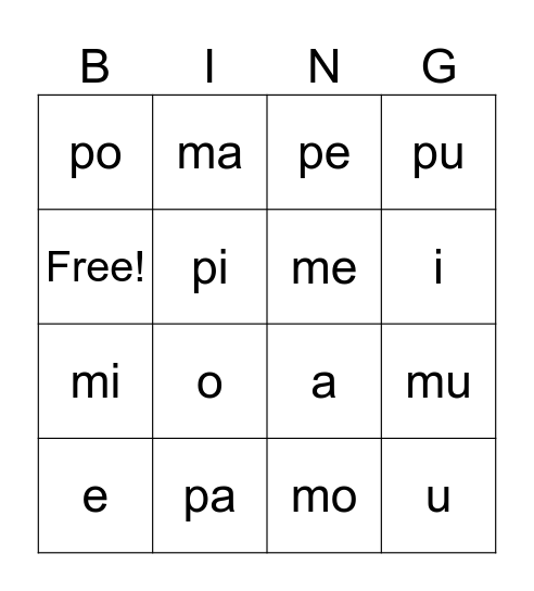 Silabas y vocales Bingo Card
