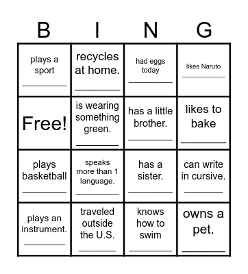 Find a Classmate Who... Bingo Card