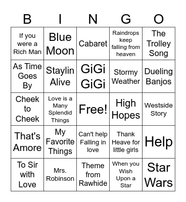 Name That Tune Bingo Card