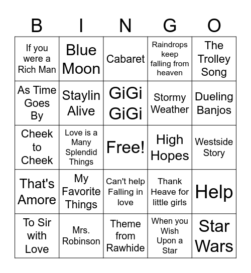 Name That Tune Bingo Card