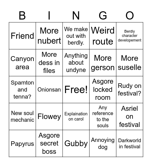 Deltarune chapter 5 Bingo Card