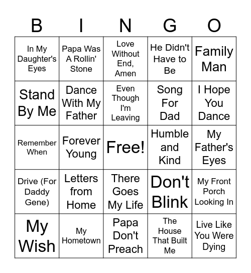Thanks Dad Bingo Card
