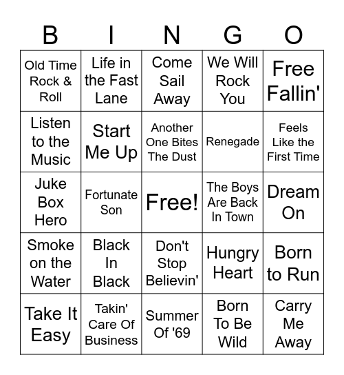 Dad Rock Bingo Card
