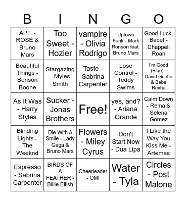 Top Pop Songs Bingo Card