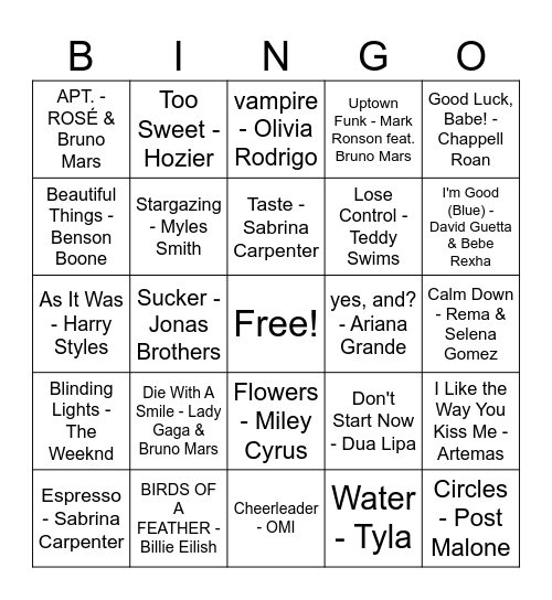 Top Pop Songs Bingo Card