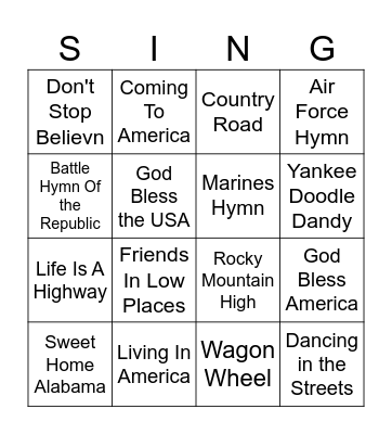 USA Singo Bingo Card