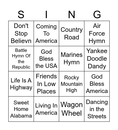 USA Singo Bingo Card