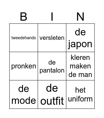 Thema Kleding Bingo Card