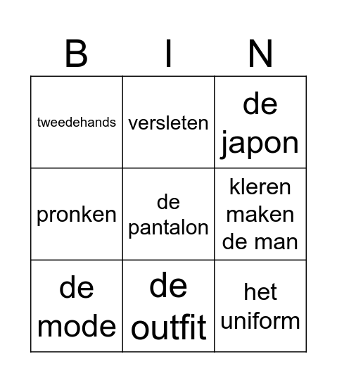 Thema Kleding Bingo Card