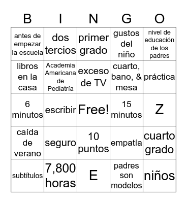 Literacy Night Bingo Card