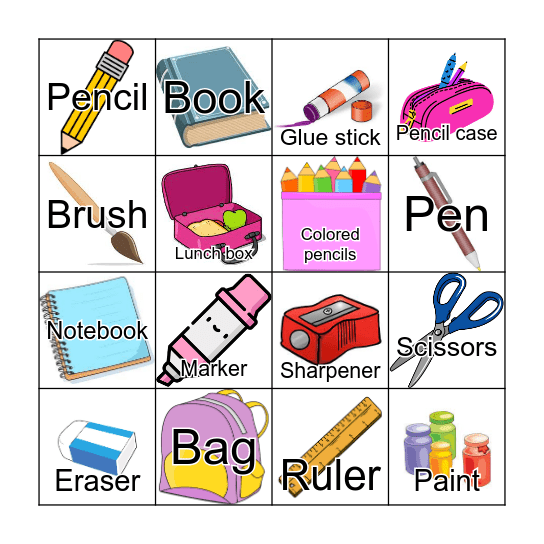 School Supplies Bingo Card