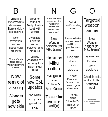 P5X Anniversary Stream Bingo Card