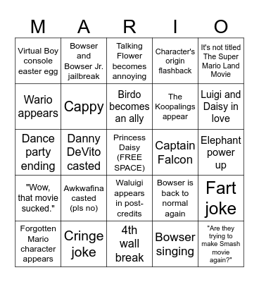 The Super Mario Bros. Movie 3 prediction Bingo Card