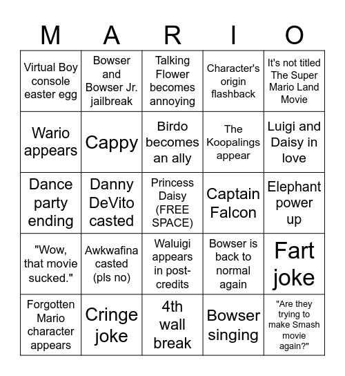 The Super Mario Bros. Movie 3 prediction Bingo Card
