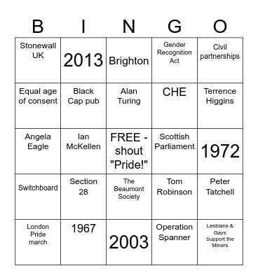 Fifty Pride Bingo | UK Pride History Bingo Card