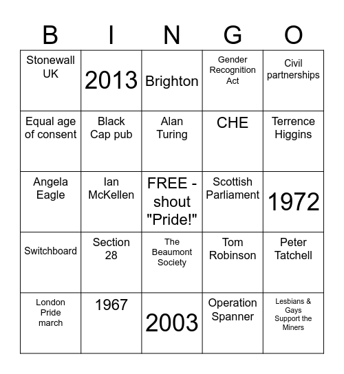 Fifty Pride Bingo | UK Pride History Bingo Card