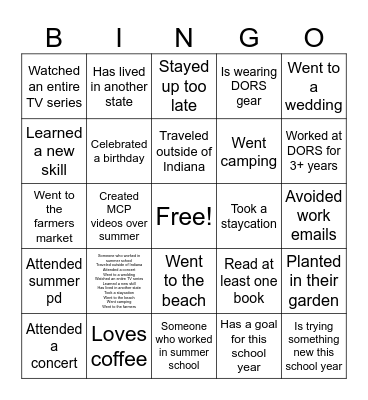 Welcome Back Bingo Card