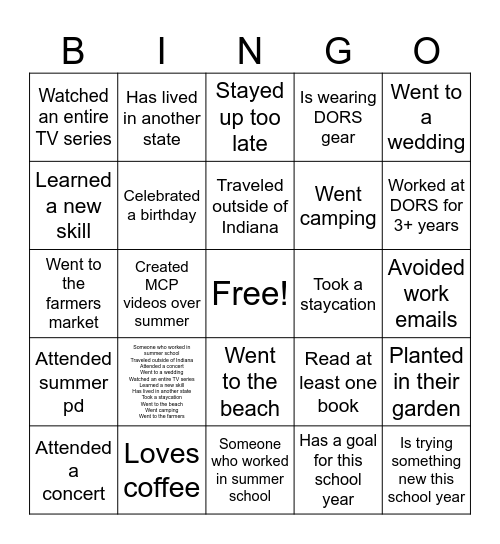 Welcome Back Bingo Card