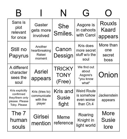 Deltarune Chapter 5 Predictions Bingo Card