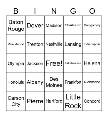 US States and Capitals Bingo Card