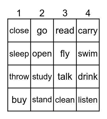 Action Verbs Bingo Card