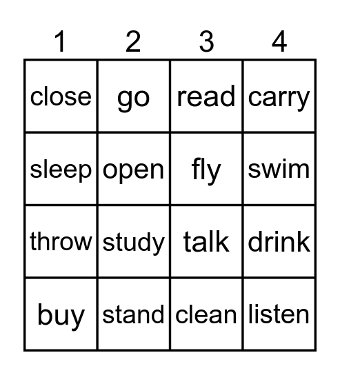 Action Verbs Bingo Card