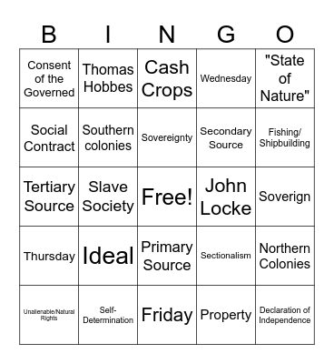Week One Vocab Bingo Card