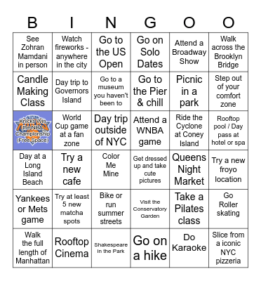 NYC Summer Bucket list Bingo Card