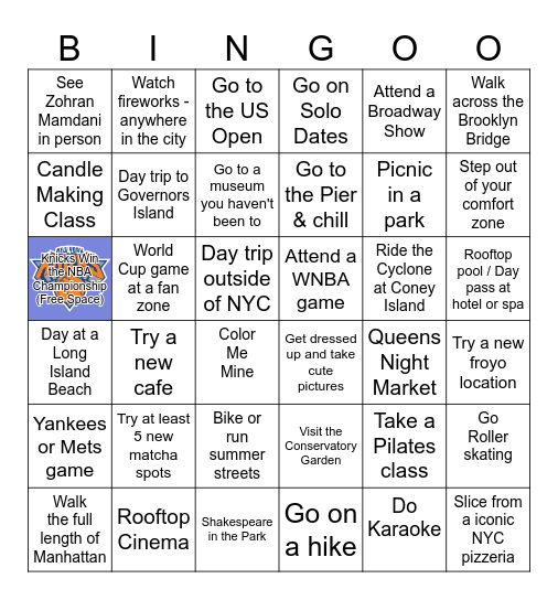 NYC Summer Bucket list Bingo Card