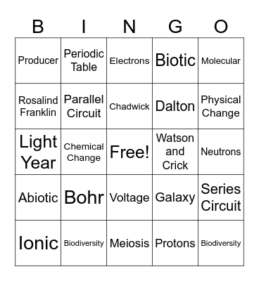 Science 9 Bingo Card