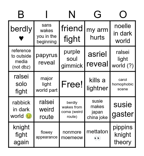 deltarune Bingo Card