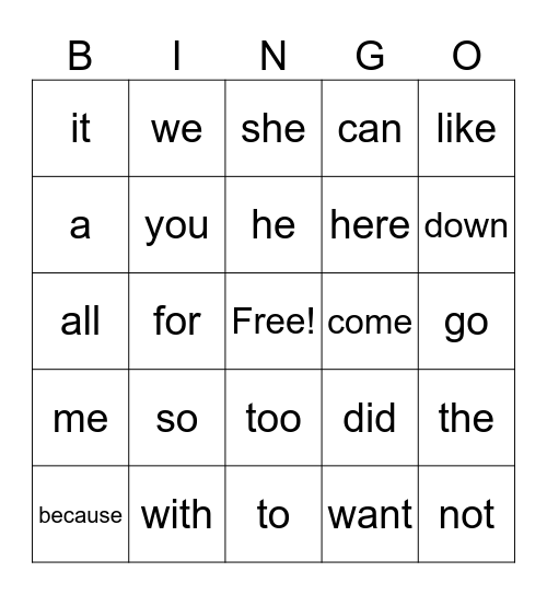 Sight Word Bingo Card