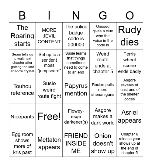 Deltarune Bingo Card
