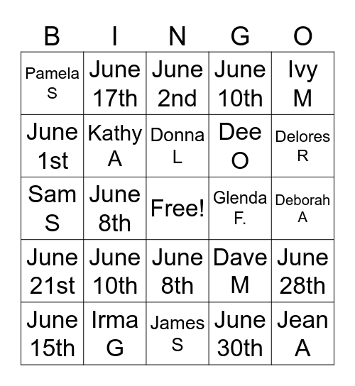 June Birthday Bingo Card