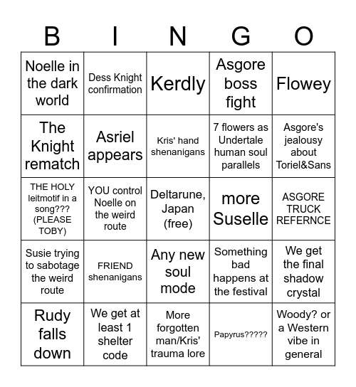 Deltarune Chapter 5 Bingo Card