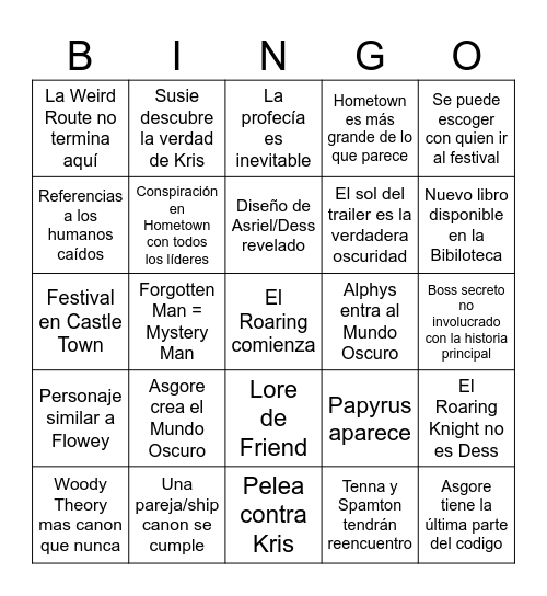 Deltarune Capitulo 5 Historia Bingo Card