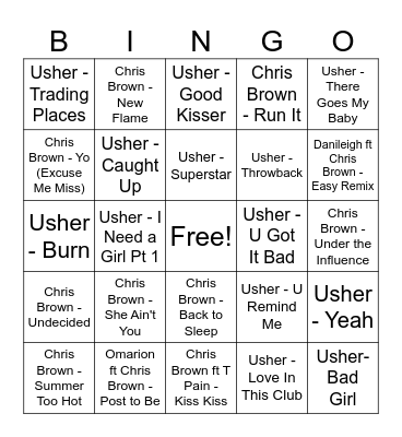 R&B Bingo: Chris Brown vs Usher Bingo Card