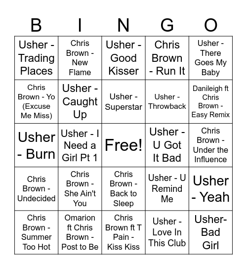 R&B Bingo: Chris Brown vs Usher Bingo Card