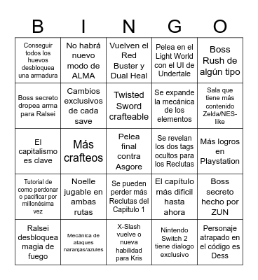Deltarune Capitulo 5 Gameplay Bingo Card
