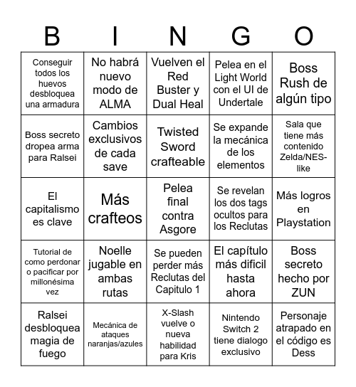 Deltarune Capitulo 5 Gameplay Bingo Card
