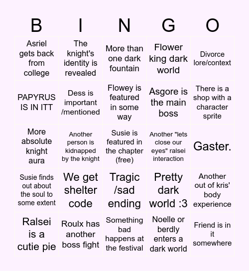 Deltarune Chapter 5 Bingo Card