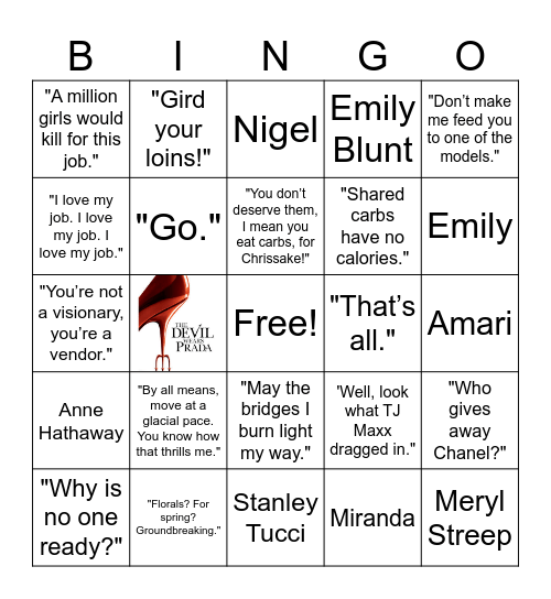 The Devil Wears Prada 1 & 2 Bingo Card