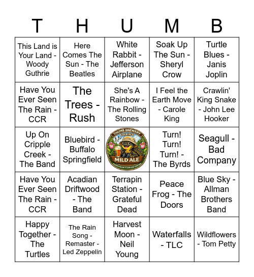 Collin's Nature Jams Bingo Card