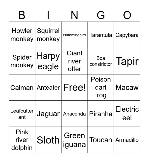 Amazon Rainforest BINGO Card