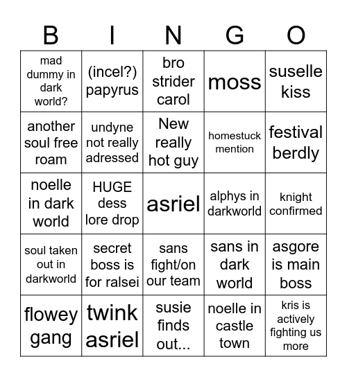 Deltarune chapter 5 Bingo Card