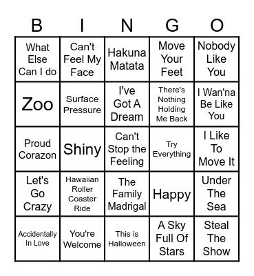 Disney/ Animated Playlist Bingo Card